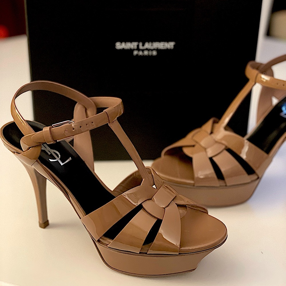 YSL TRIBUTE PATENT LEATHER PLATFORM HEELS 37.5